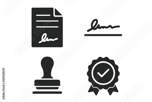 Solid filled legal and business icons set – contract document with signature, signature line, rubber stamp, official certification seal, notary approval, vector illustration