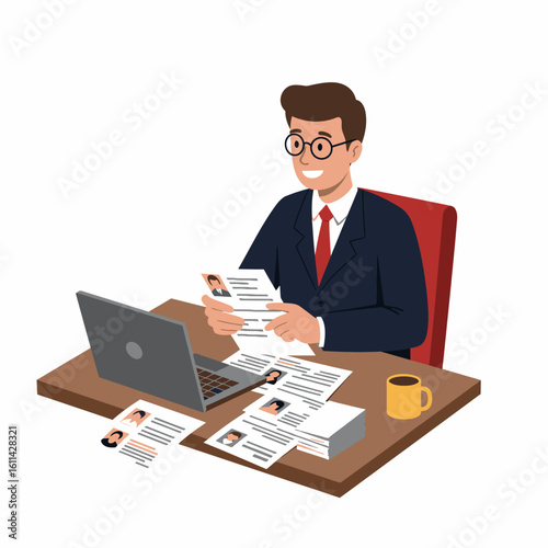 Man at desk reviews resumes laptop and coffee mug professional setting
