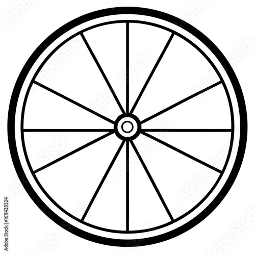 Detailed line art illustration of a vintage bicycle wheel with spokes and rim