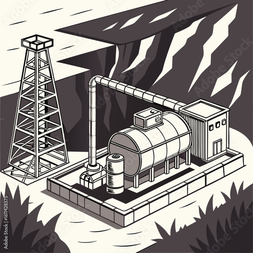 Isometric Illustration of an Oil Rig and Processing Plant near a Cliff