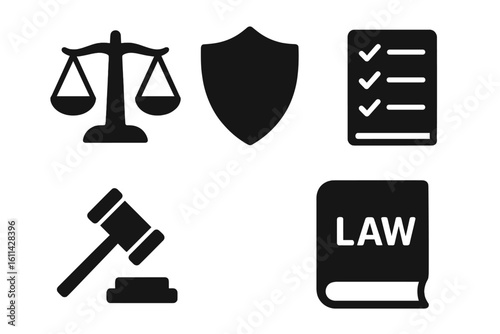 Legal ethics icon set. Solid filled justice scale, gavel, shield, law book, checklist. Black silhouette symbols for attorneys, courts, corporate governance and compliance.