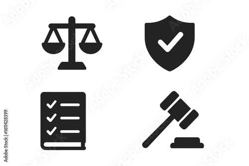 Legal compliance icon set. Solid black justice scale balance, security shield checkmark, checklist document, judge gavel. Concept law ethics, court decision, regulation symbols