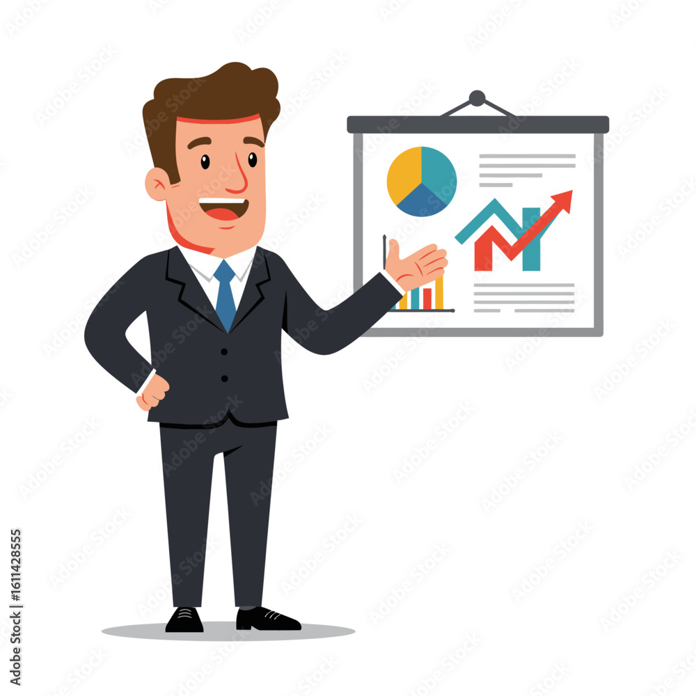 A man in a suit presents charts on a white board A man in a suit presents charts on a white board