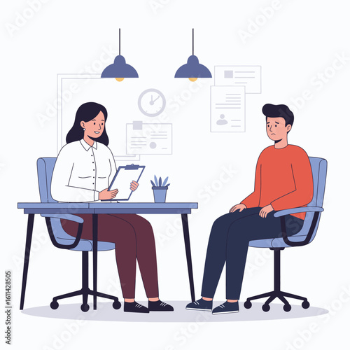 A woman with a clipboard is interviewing a man in an office setting with lamps above the table