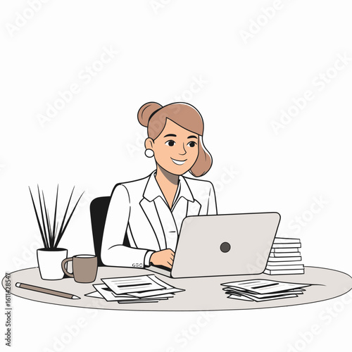 A woman smiles at her laptop while seated at her desk which is strewn with papers and a mug