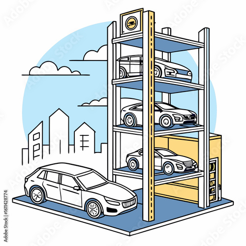 Isometric Illustration of Automated Multi-Level Car Parking System in City