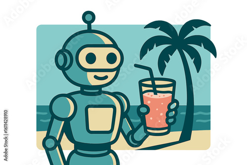 A robotic hand grasps a revitalizing pink smoothie, complete with an orange slice and straw, positioned against a tranquil beach and ocean scene that captures the essence of a summer getaway