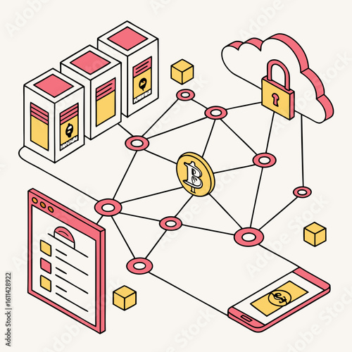 Isometric Illustration of Bitcoin Cryptocurrency Network with Servers and Mobile Device