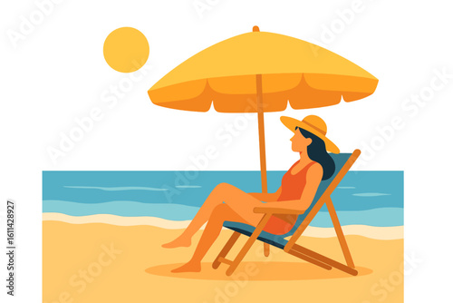 Vector illustration of a young girl resting under a sun umbrella on a sand beach, embodying the concept of relaxation and enjoyment of a calm ocean marine landscape scenic view in a minimal style