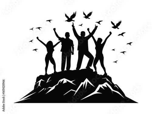 Group Silhouettes Celebrating Victory on Mountain Summit