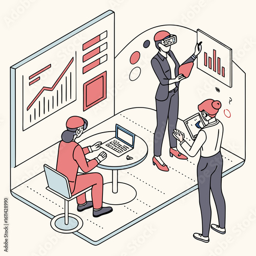 Isometric Illustration of Business Team Using Virtual Reality in Modern Office
