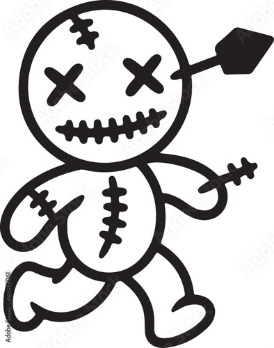Voodoo Doll Silhouette with Stitches and Arrow on a Checkered Area