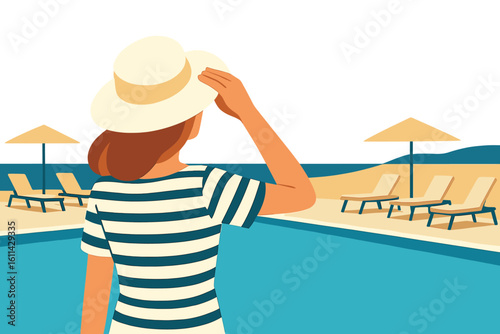 Vector illustration of summer vacation depicting a woman wearing a wide-brimmed hat and striped shirt while admiring the sea landscape