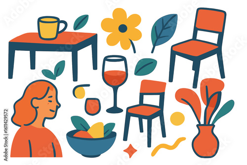 Mediterranean summer halftone collage elements include beach lounger, ceramic tiles, tomatoes, girl with cup of coffee, high heels, coffee pot, lemons, and wine, embodying Dolce vita aesthetics in