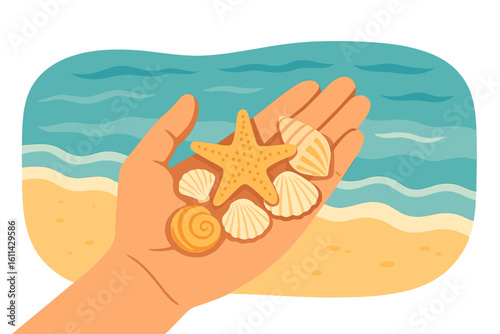 Vector illustration of a hand holding a shell with pebbles on the beach, evoking a summer mood and natural details of the sea coast, suitable for tourism projects and travel blogs