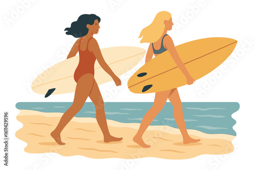 Flat vector illustration of active female friends at a sea resort on a seaside sport vacation, with women surfers walking along the beach with surfboards and girls in bikinis going surfing on summer
