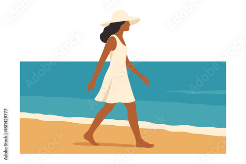 A tanned girl wearing a white dress and hat, with her face unseen, is walking by the sea in a rear view illustration