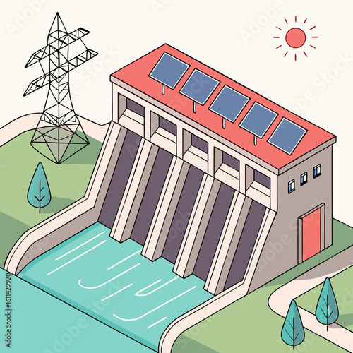 Isometric Illustration of Hydroelectric Dam with Solar Panels
