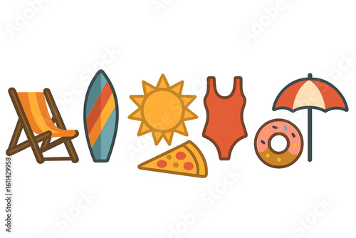 A vast collection of hand-drawn, doodle-style summer-themed elements, including beach, palms, SUP, surfboard, inflatable rubber circles, beach umbrella, and flip flops, ideal for travel and adventure
