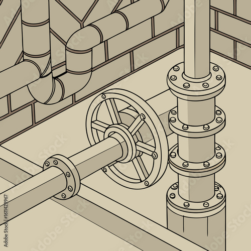 Isometric Illustration of Industrial Pipes and Valve System