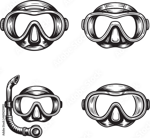 Hand drawn style Diving mask silhouette isolated on transparent background