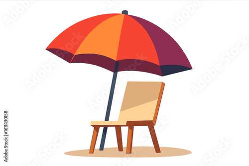 Vector illustration of a summer vacation scene featuring a beach umbrella with a red and purple sunshade alongside a striped wooden deck chair