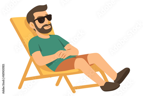 A man sits in a beach chair wearing sunglasses under a clear summer sky, taking pleasure in his day at the beach