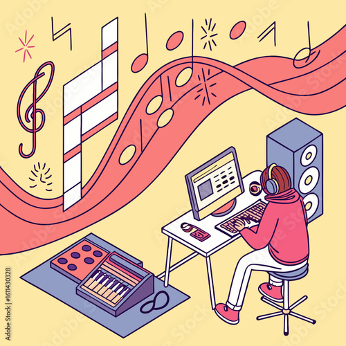 Isometric Illustration of Music Producer at Work in Home Studio
