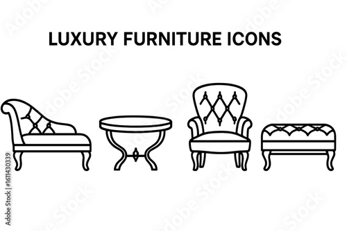 Luxury furniture outline icon set featuring tufted chaise lounge, vintage armchair, ottoman bench, ornate coffee table, Victorian vector illustration on transparent background