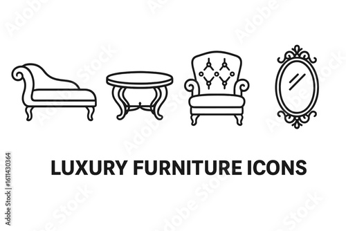 Luxury furniture outline icon set with velvet chaise lounge, round coffee table, tufted armchair, rococo mirror; elegant vintage interior decor line art vector illustration