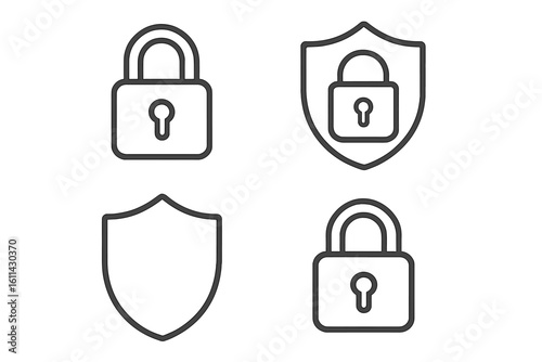 Padlock and shield line icon set for cybersecurity. Privacy protection, data safety, secure access, web security symbols. Linear outline style vector illustration for UI and apps.