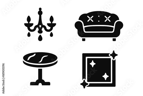 Luxury interior icon collection — solid pictograms of crystal chandelier, tufted velvet sofa, marble pedestal table and decorative pillow representing furniture decor elements