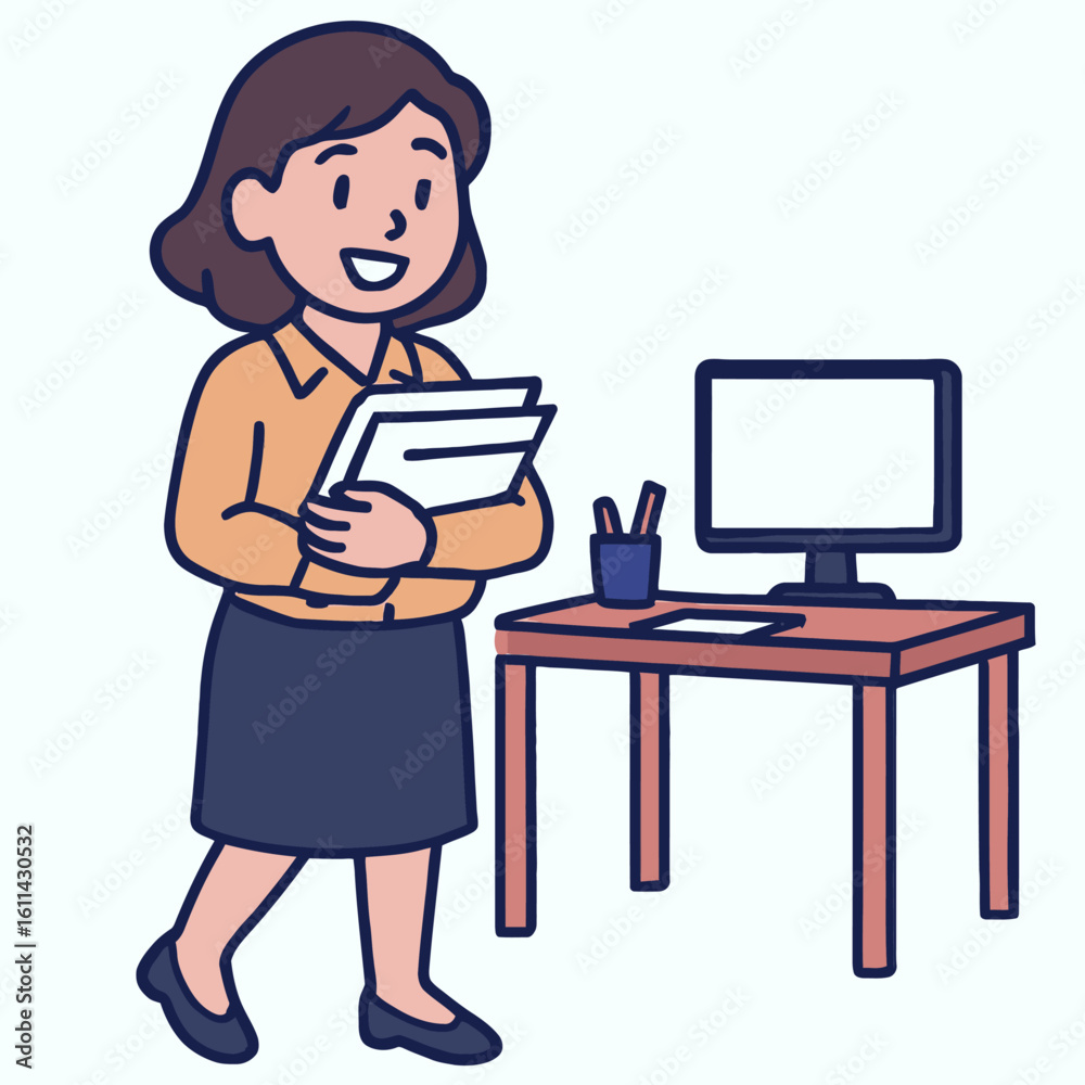 Cartoon of a woman holding documents next to a desk with a computer and stationery Cartoon of a woman holding documents next to a desk with a computer and stationery