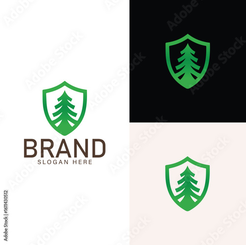 Eco Shield Logo Design and Green Pine Tree and Shield Icon for Forestry, Nature Protection