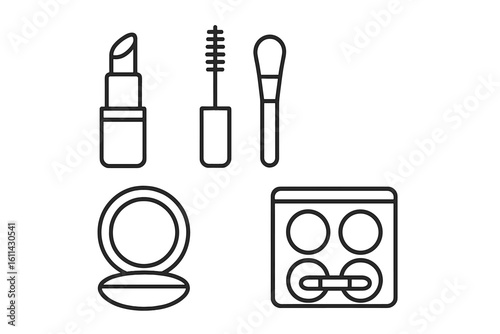 Outline makeup icon set featuring lipstick tube, mascara wand, powder brush, compact mirror, eyeshadow palette, linear cosmetics pictograms isolated transparent background vector