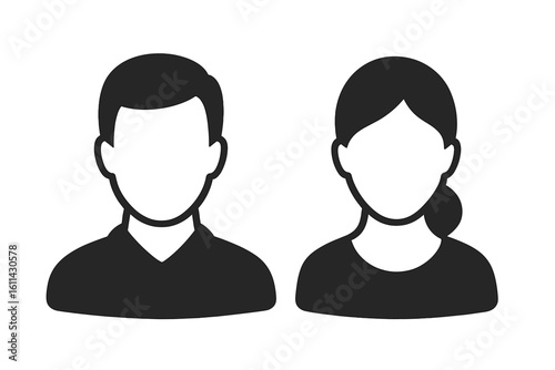Male and female avatar icon set, user profile silhouette pictogram, anonymous person symbol, flat man and woman head outline, gender neutral account placeholder, login UI illustration