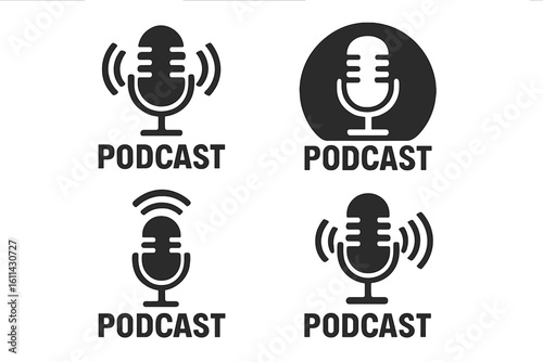 Vintage microphone podcast icon set. Four black podcast logos with broadcast waves, webcast and webinar concept, online radio streaming, audio blog recording symbol. Flat vector isolated illustration