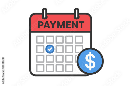 Monthly payment calendar icon with dollar coin vector. Recurring bill pay reminder, pay day schedule, subscription fee due date, budget planning, tax deadline, line art illustration