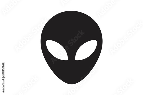 Extraterrestrial alien head silhouette icon. Minimal flat black vector symbol isolated. UFO space creature face emblem for apps, web, logo, sticker, mysterious sci-fi design on transparent background