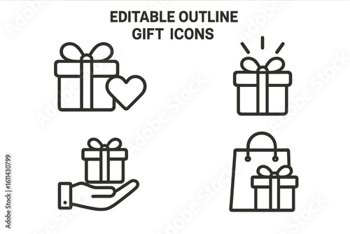 Outline gift icon set: editable linear symbols of present box with ribbon, heart, celebration rays, hand giving gift, shopping bag with present; concepts for charity, surprise, ecommerce rewards