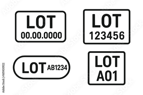 Industrial lot code stamp set for packaging – outline badges with 'LOT' inscription, batch number, production date, series, square and rounded frames, quality control vector