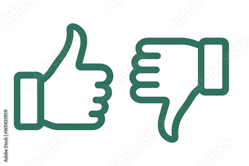 Thumbs up and thumbs down gesture icons, positive like and negative dislike symbols, yes and no social media buttons, green flat vector illustration on transparent background