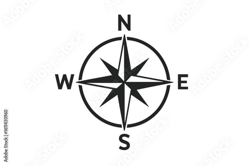 Windrose compass icon vector illustration. Eight-point nautical navigation star with north south east west initials, black silhouette emblem, marine direction symbol map design.