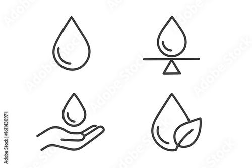 Water conservation droplet icons – clean water drop, eco balance scale, sustainable leaf, hand care symbol – linear outline vector set for mobile app UI, web site, environmental infographic