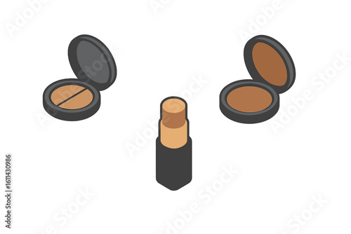 Isometric vector illustration of makeup products: concealer stick and two compact powder cases with dual-tone and single-tone foundation shades, isolated on white background