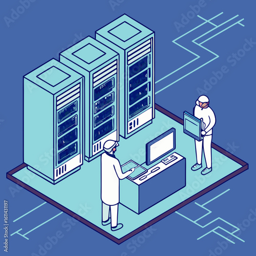 Isometric Illustration of Technicians Working in a Data Center