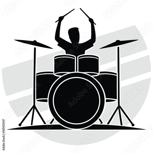 Silhouette of a drummer playing a full drum kit with drumsticks raised in a dynamic pose against a circular abstract background