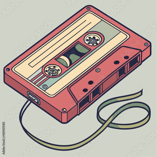 Isometric Pixel Art Red Cassette Tape with Beige Reel