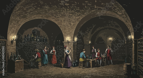 Vintage Illustration Depicting People Tasting Wine in an Old Wine Cellar Vault