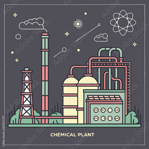 Linear Illustration of a Chemical Plant at Night